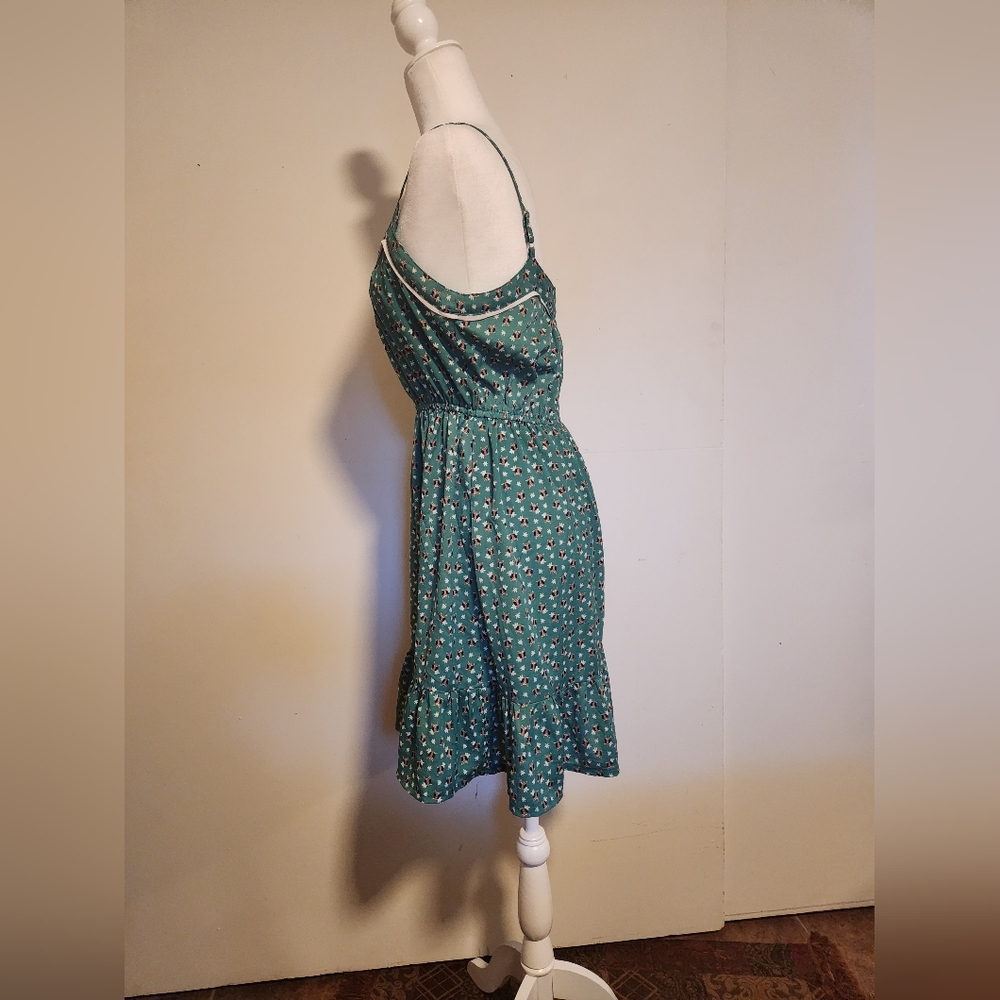 Vintage Green Owl Print Fit And Flare Silk Blend Ruffle Hem Sundress Large L EUC - Picture 2 of 7